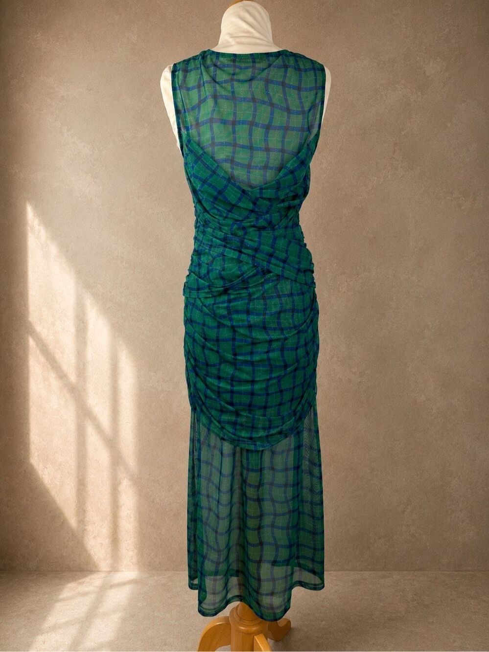 Simon Miller Sz L Kinny Ruched Plaid Mesh Midi Dress Anthropologie Green Blue - Picture 4 of 12
